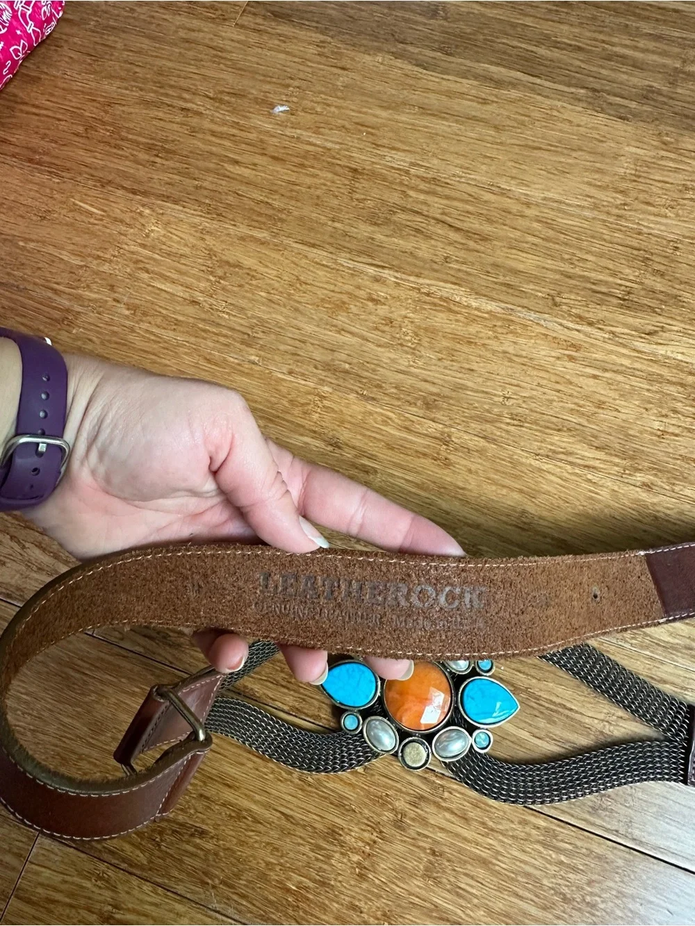 LEATHER ROCK Women M Statement Western Boho Brown Leather Belt Stone Accent